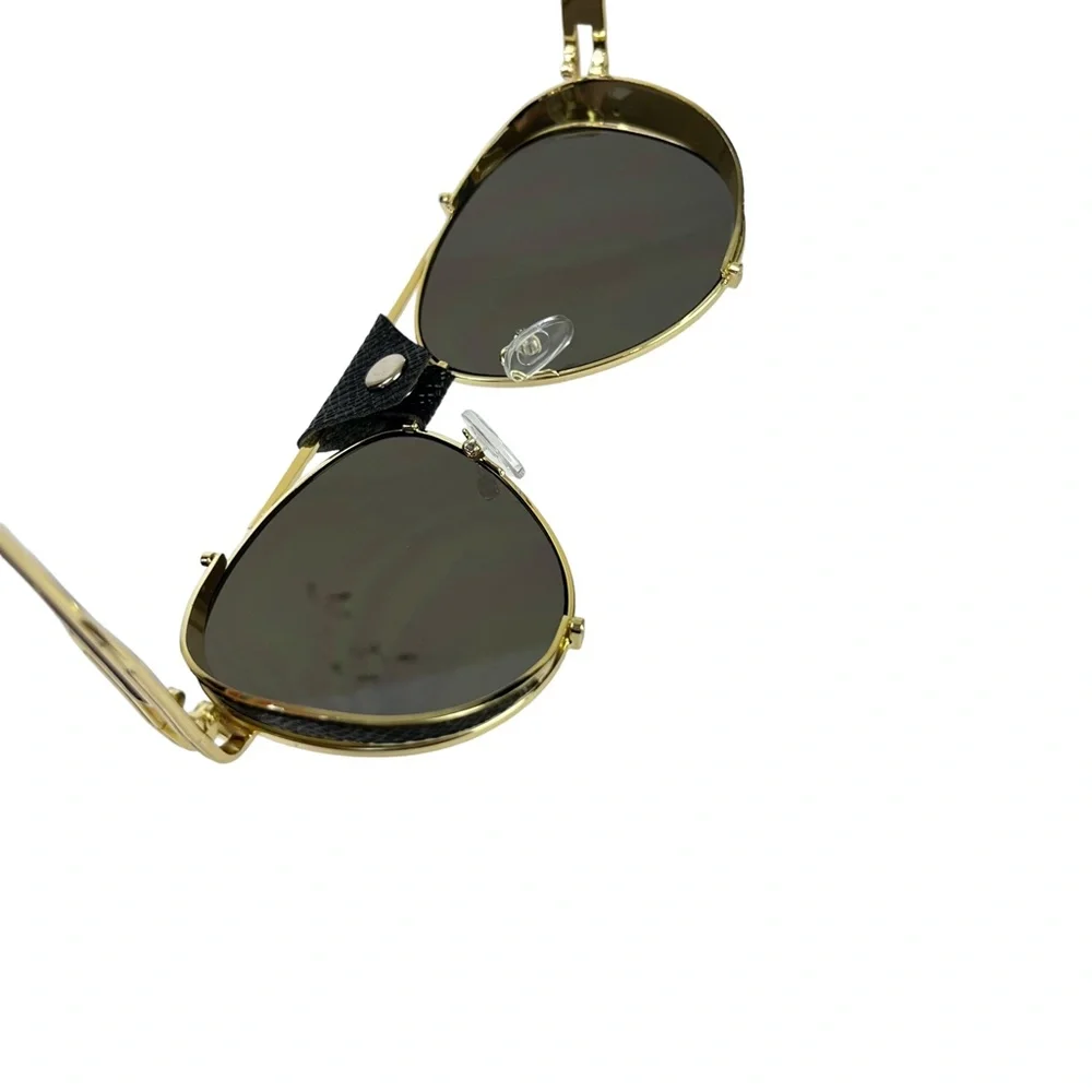 AVIATOR Gold Metal Frame Blue Purple Lense Faux Leather Black Trim Sunglasses - Picture 14 of 15